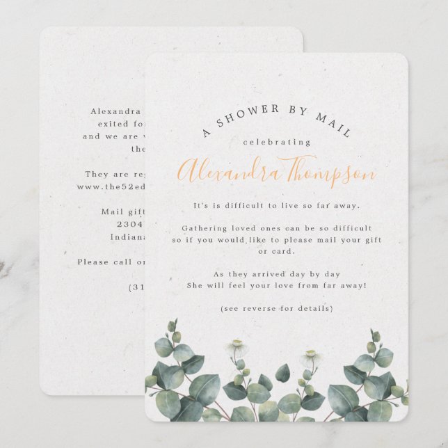Invitación Elegante Ducha De Novias Eucalyptus Por Correo (Anverso / Reverso)