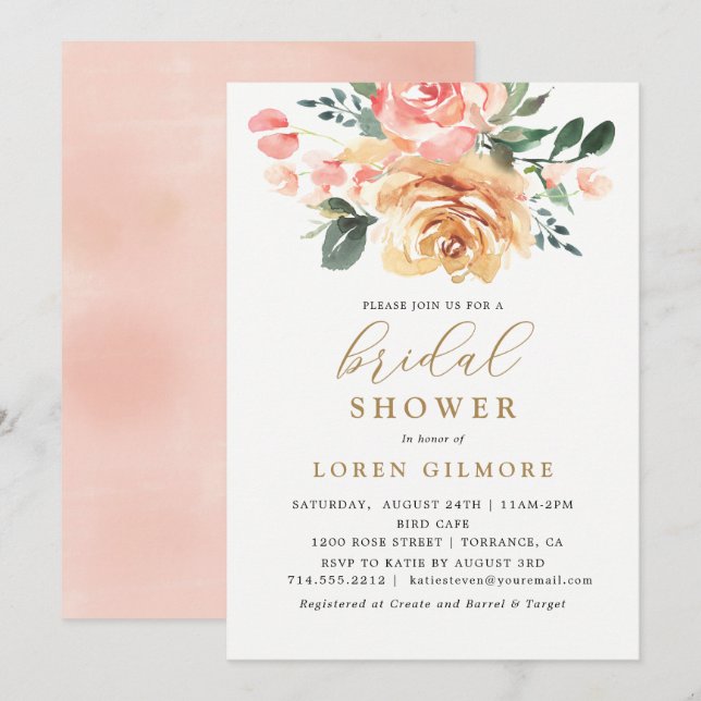 Invitación Elegante ducha de novias floral con barba dorada (Anverso / Reverso)