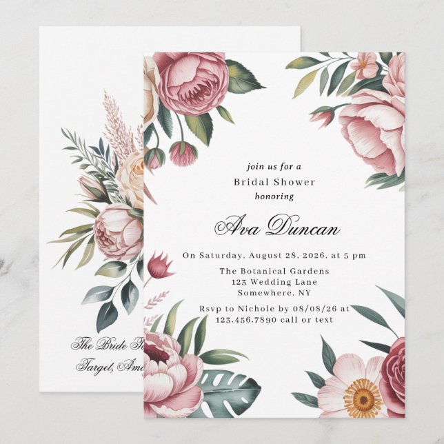 Invitación Elegante ducha de novias floral rosa pintada en Ru (Anverso / Reverso)