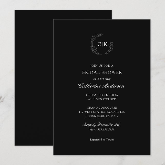 Invitación Elegante ducha de novias monograma (Anverso / Reverso)