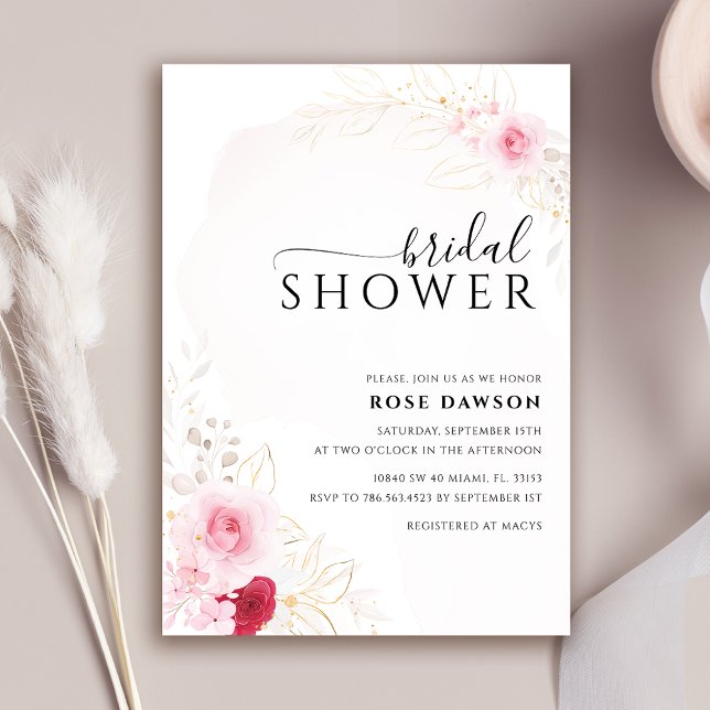 Invitación Elegante ducha de novias rosa roja y dorada (Subido por el creador)