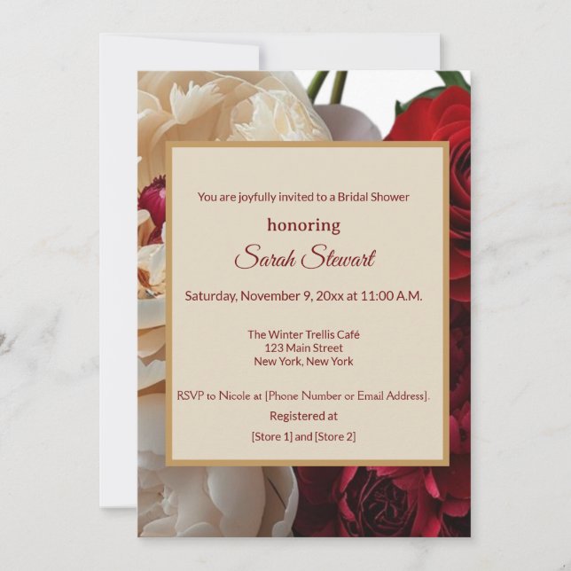 Invitación Elegante ducha de novias rosa roja y peonía crema (Anverso)