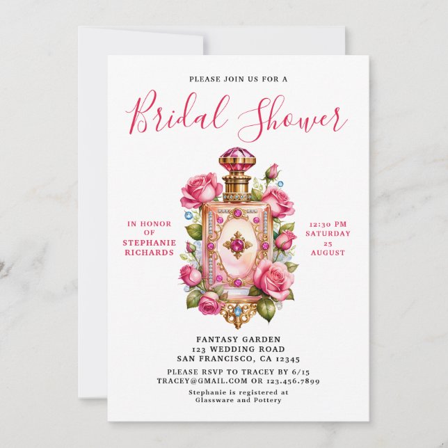 Invitación Elegante ducha de novias rosa rosa con flores perf (Anverso)