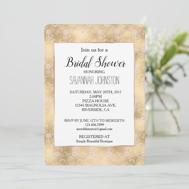 Invitación Elegante ducha de novias rosa y dorada floral (Anverso de pie)