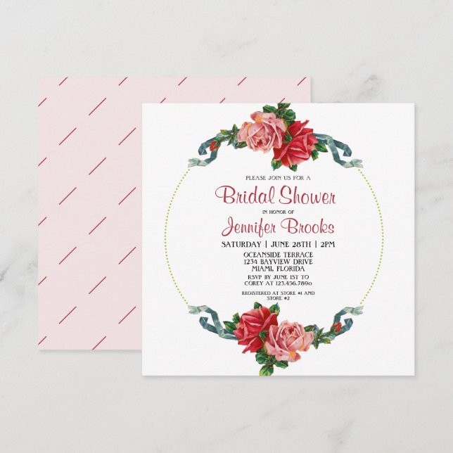 Invitación Elegante ducha de novias rosa y rosa roja floral (Anverso / Reverso)