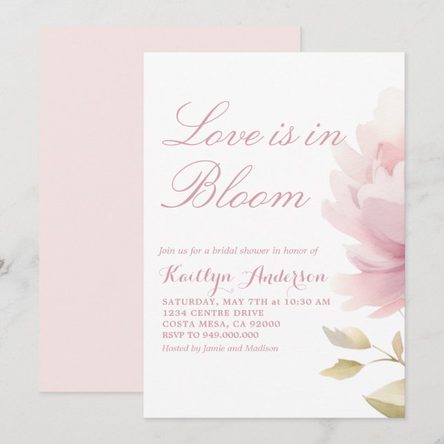 Invitación Elegante ducha de novias rosada Rubor Peony (Anverso / Reverso)
