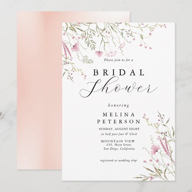 Invitación Elegante ducha de novias rosada salvaje floral (Anverso / Reverso)