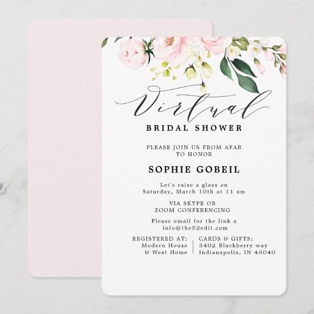 Invitación Elegante ducha de novias Rubor rosa floral VIRTUTA (Anverso / Reverso)