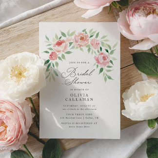 Invitación Elegante ducha de novias rustica con flores rosada