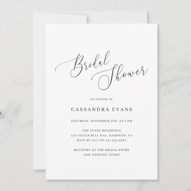 Invitación Elegante ducha de novias simple blanca y negra (Anverso)