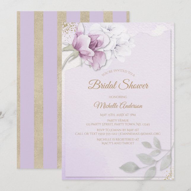Invitación Elegante ducha de novias violeta dorada floral (Anverso / Reverso)