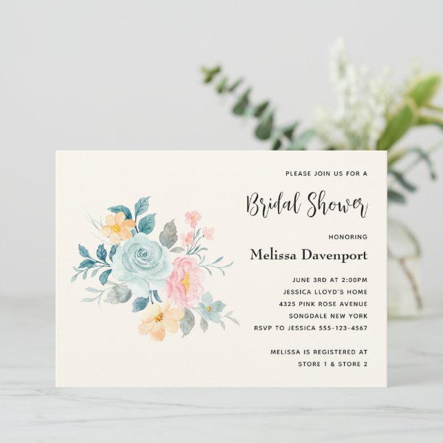 Invitación Elegante ducha de novios con flores rosa y azul (Anverso de pie)