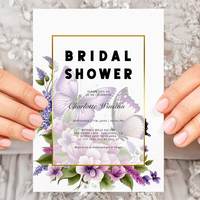 Invitación Elegante ducha de nuez con mariposa morada (Elegant Chic Purple Floral Butterfly Bridal Shower Invitation)