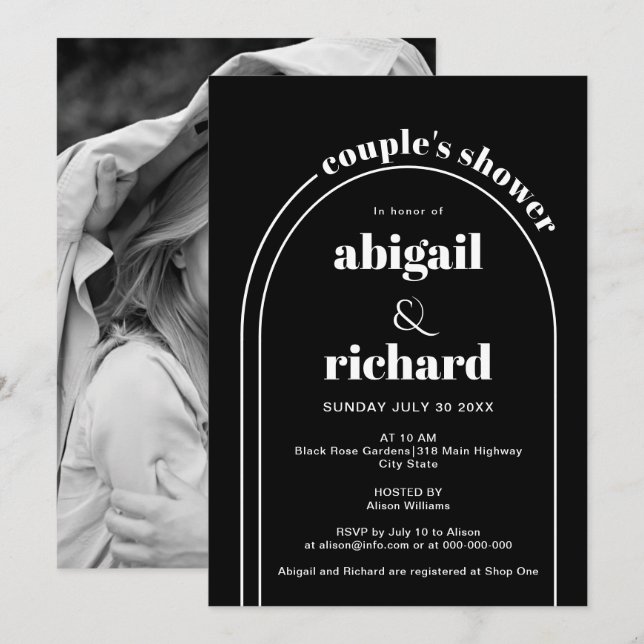 Invitación Elegante ducha de pareja boda blanca arco negro (Anverso / Reverso)