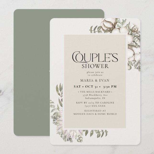 Invitación Elegante ducha de pareja floral de invierno verde (Anverso / Reverso)
