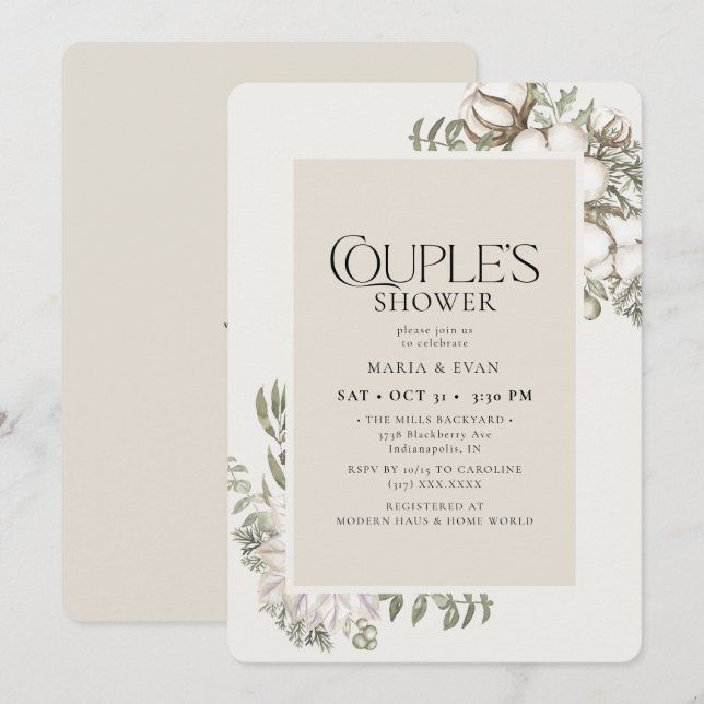 Invitación Elegante ducha de pareja floral de invierno verde (Anverso / Reverso)