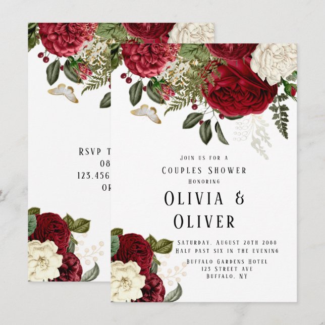 Invitación Elegante ducha de parejas de ruby Red Peonies (Anverso / Reverso)