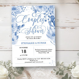 Invitación Elegante Ducha De Parejas Florales Azules Dusty