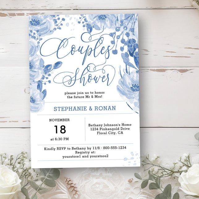 Invitación Elegante Ducha De Parejas Florales Azules Dusty (Couples Shower Invitation from my Dusty Blue Watercolor Floral Bridal Shower)