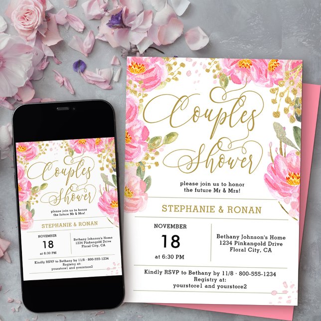 Invitación Elegante ducha de Parejas Florales Rosa y Oro (Couples Shower invitation from my Pink and Gold Watercolor Floral Collection
)