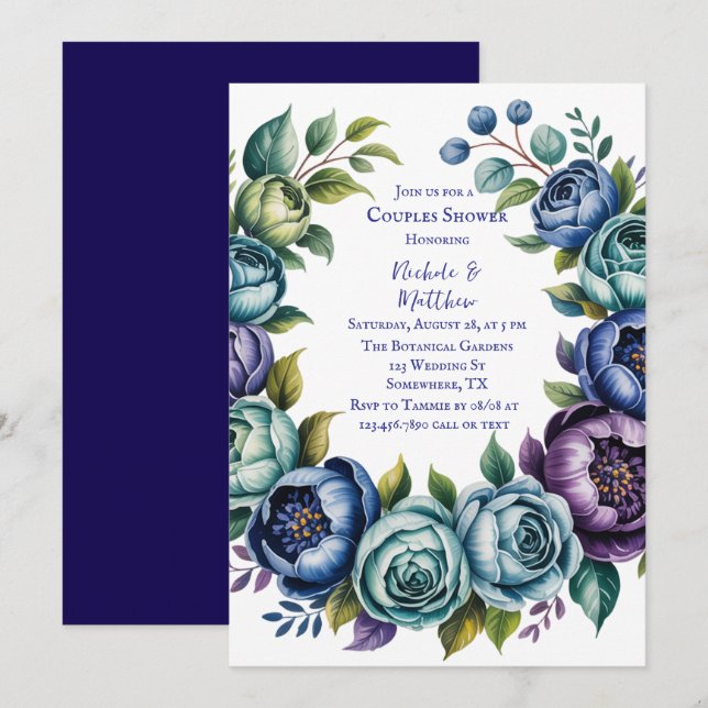 Invitación Elegante Ducha de Parejas Florales Turquesa Azul (Anverso / Reverso)
