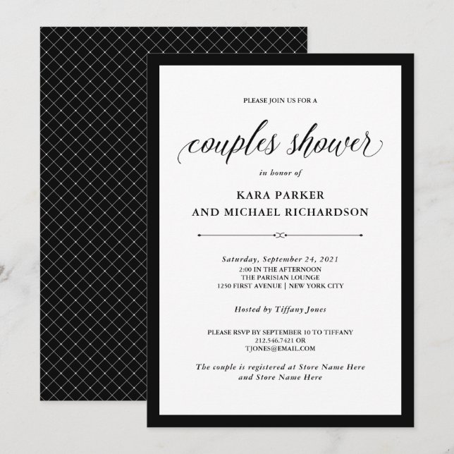Invitación Elegante | Ducha de parejas negras y blancas (Anverso / Reverso)