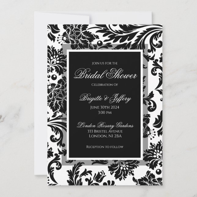 Invitación Elegante ducha de personalizado damasco blanco y n (Anverso)