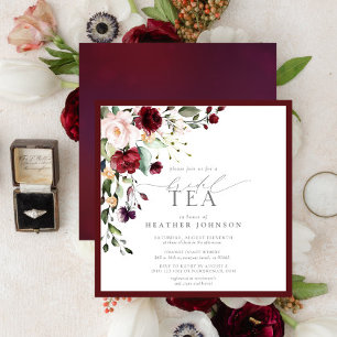 Invitación Elegante ducha de té con flores de borgoña