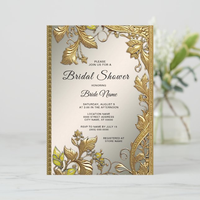 Invitación Elegante ducha dorada decorativa floral novia (Anverso de pie)