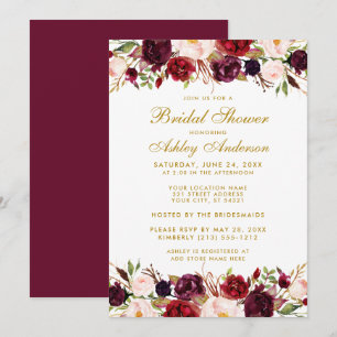 Invitación Elegante ducha dorada floral borgoña de novia