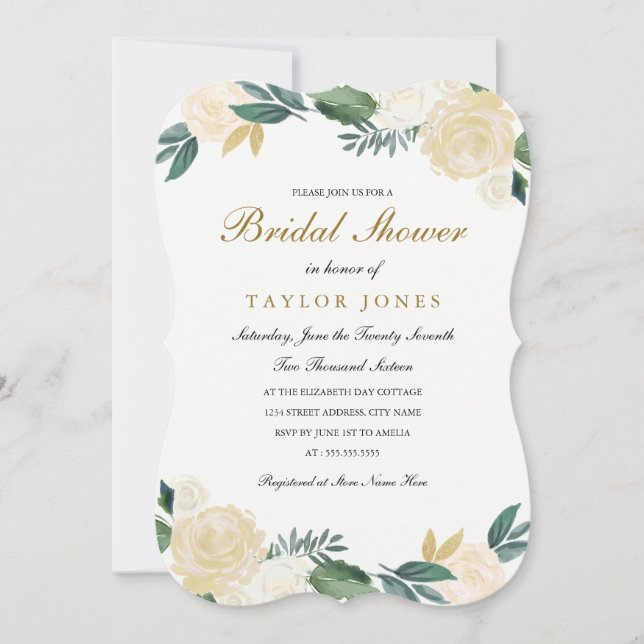 Invitación Elegante ducha dorada floral de novia blanca (Anverso)