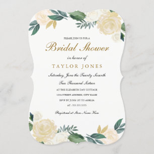 Invitación Elegante ducha dorada floral de novia blanca