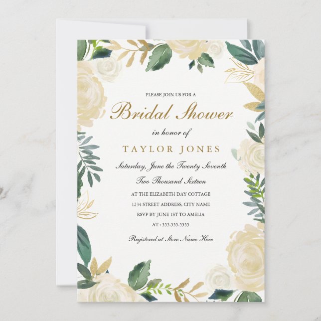 Invitación Elegante ducha dorada floral de novia blanca invit (Anverso)