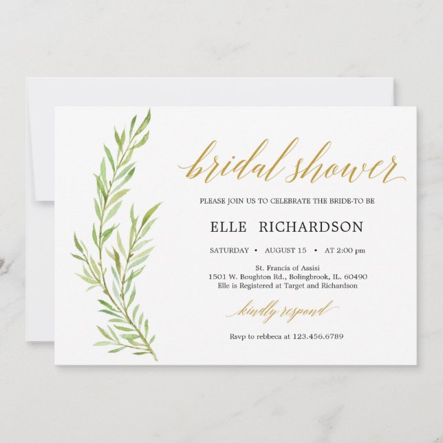 Invitación Elegante ducha dorada horizontal verde (Anverso)