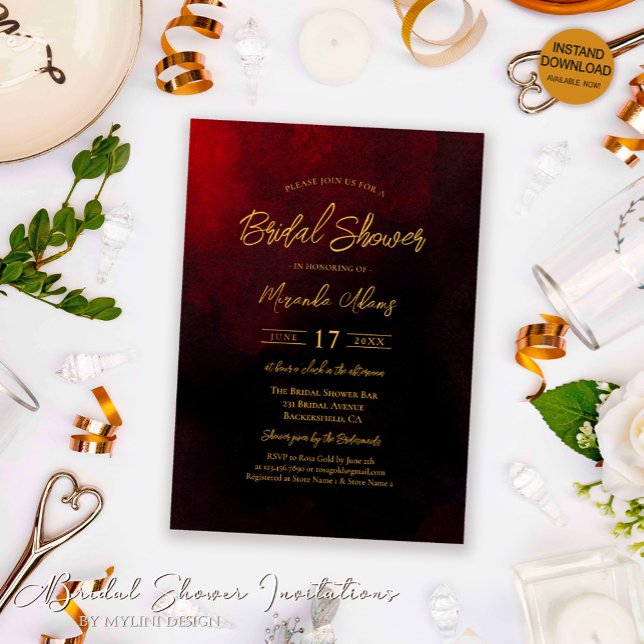 Invitación Elegante ducha dorada roja y negra de novias (Subido por el creador)