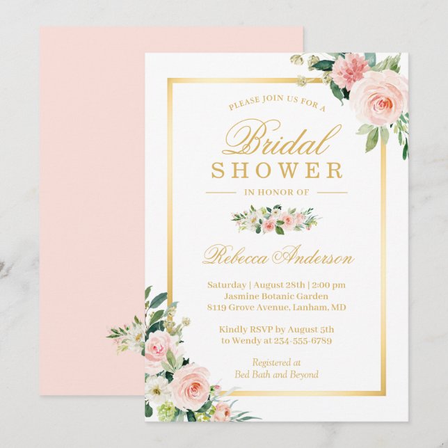 Invitación Elegante ducha dorada rosa floral dorada rosa (Anverso / Reverso)
