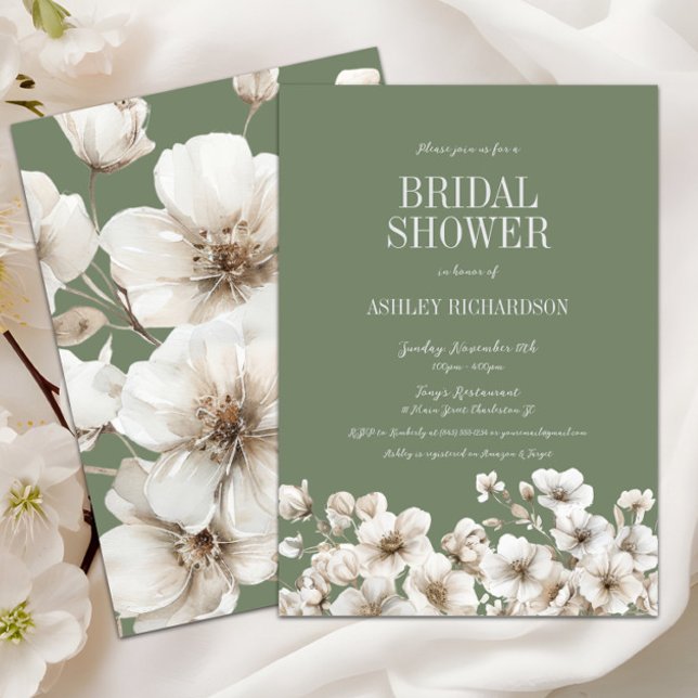 Invitación Elegante ducha escaparate verde y blanca floral de (Sage green and white floral bridal shower invitation with classic script, elegant watercolor design)