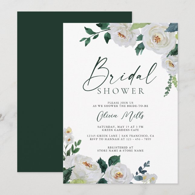 Invitación Elegante ducha esmeralda marfil blanco floral nupc (Anverso / Reverso)