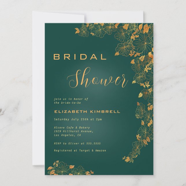 Invitación Elegante ducha esmeralda verde dorada floral novia (Anverso)