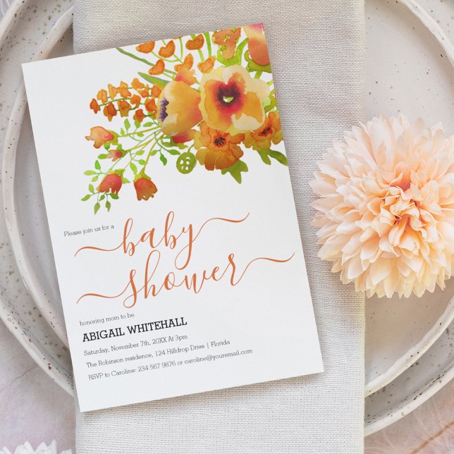 Invitación Elegante ducha floral en acuarela de otoño naranja (Subido por el creador)