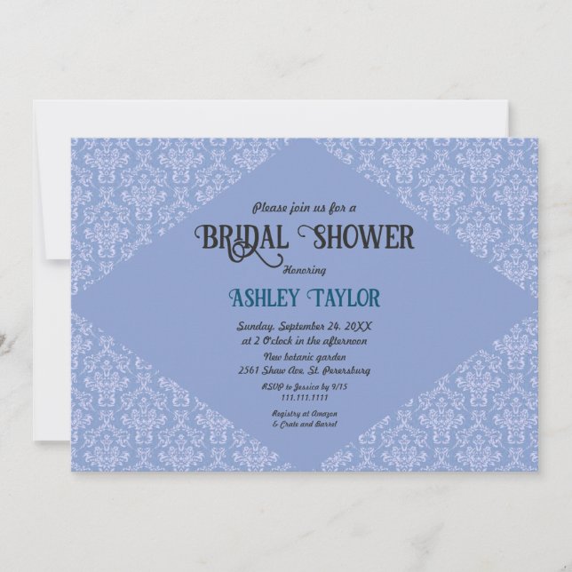 Invitación Elegante Ducha Formal Bridal De Damasco Azul (Anverso)