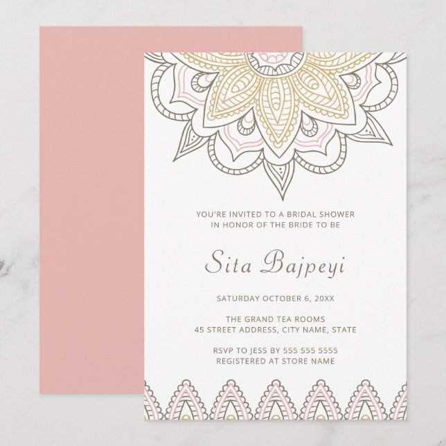 Invitación Elegante ducha hindú de novias rosada Mehndi (Anverso / Reverso)