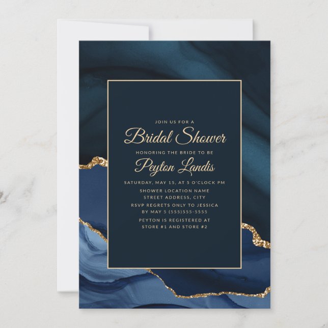 Invitación Elegante ducha marble azul de oro de la marina (Anverso)