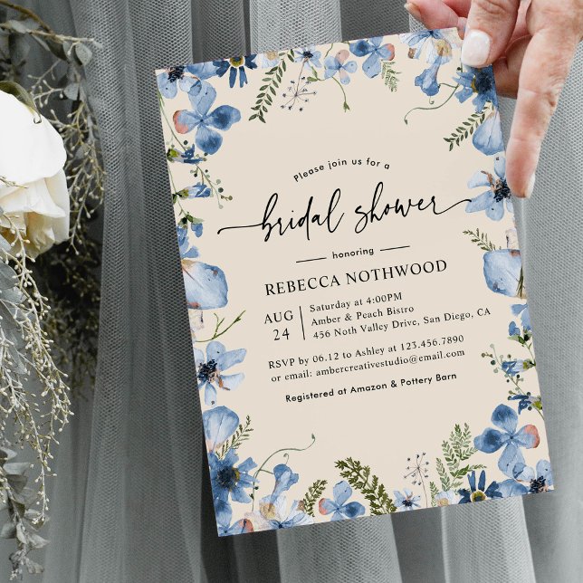 Invitación Elegante ducha marital azul a presión Florals Beig (Subido por el creador)