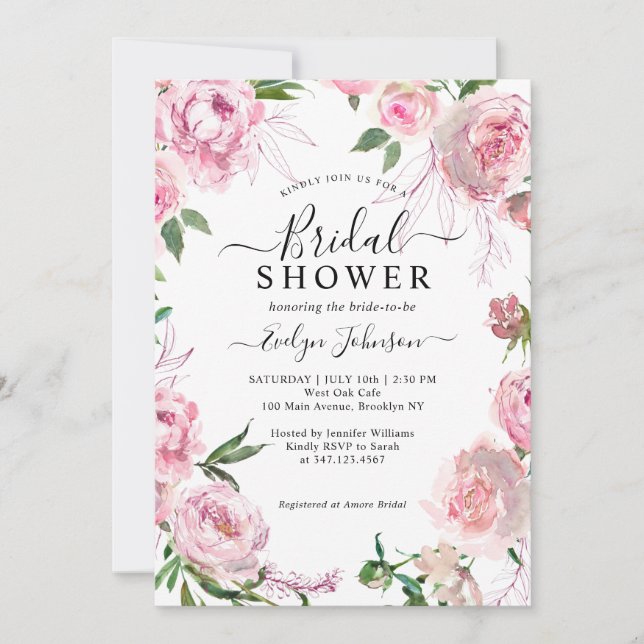 Invitación Elegante ducha marital floral rosa Rubor (Anverso)