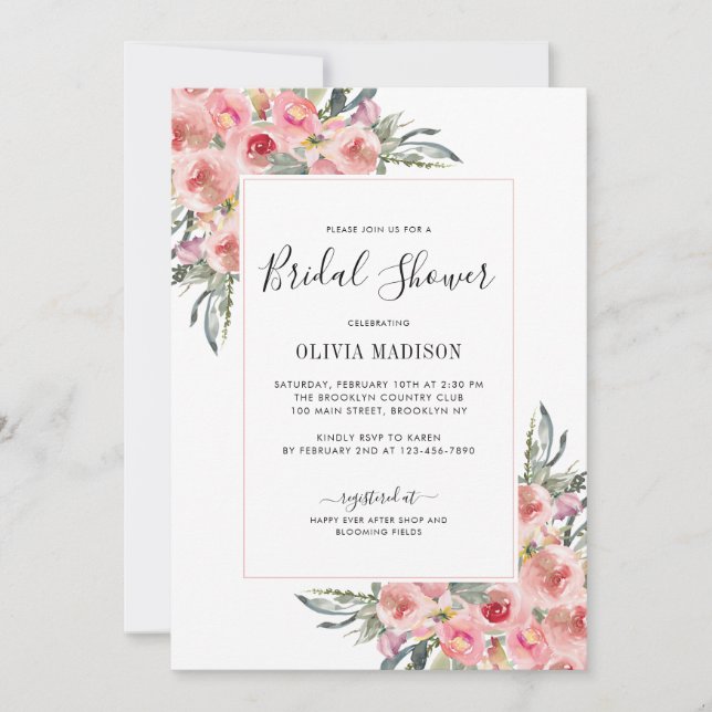 Invitación Elegante ducha marital floral rosa Rubor (Anverso)