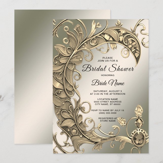 Invitación Elegante ducha marrón dorada decorativa (Anverso / Reverso)