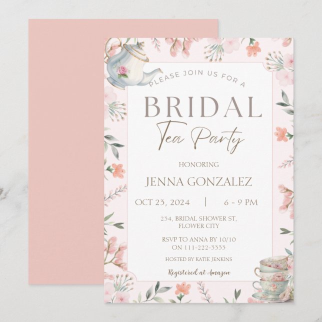 Invitación Elegante ducha marrón floral de té Fiesta de novia (Anverso / Reverso)