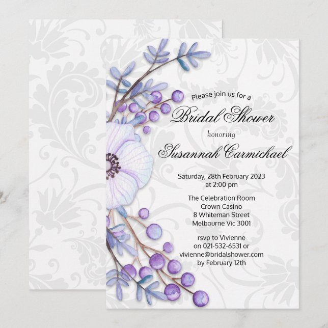 Invitación Elegante ducha marrón floral Wreath Damask Bridal (Anverso / Reverso)