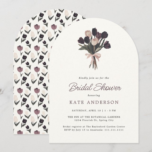 Invitación Elegante ducha marrón morado floral de novias (Anverso / Reverso)